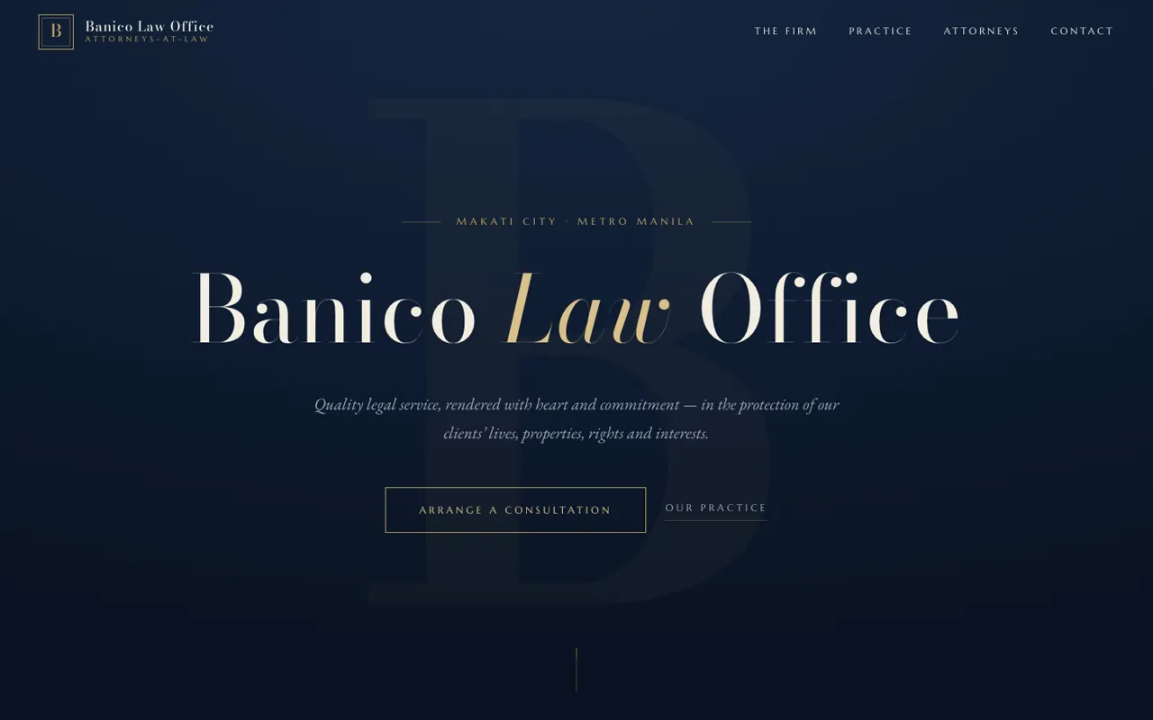 The BAD Studio build for Banico Law Office: a deep navy page with an oversized ghosted letter B behind the firm's name.