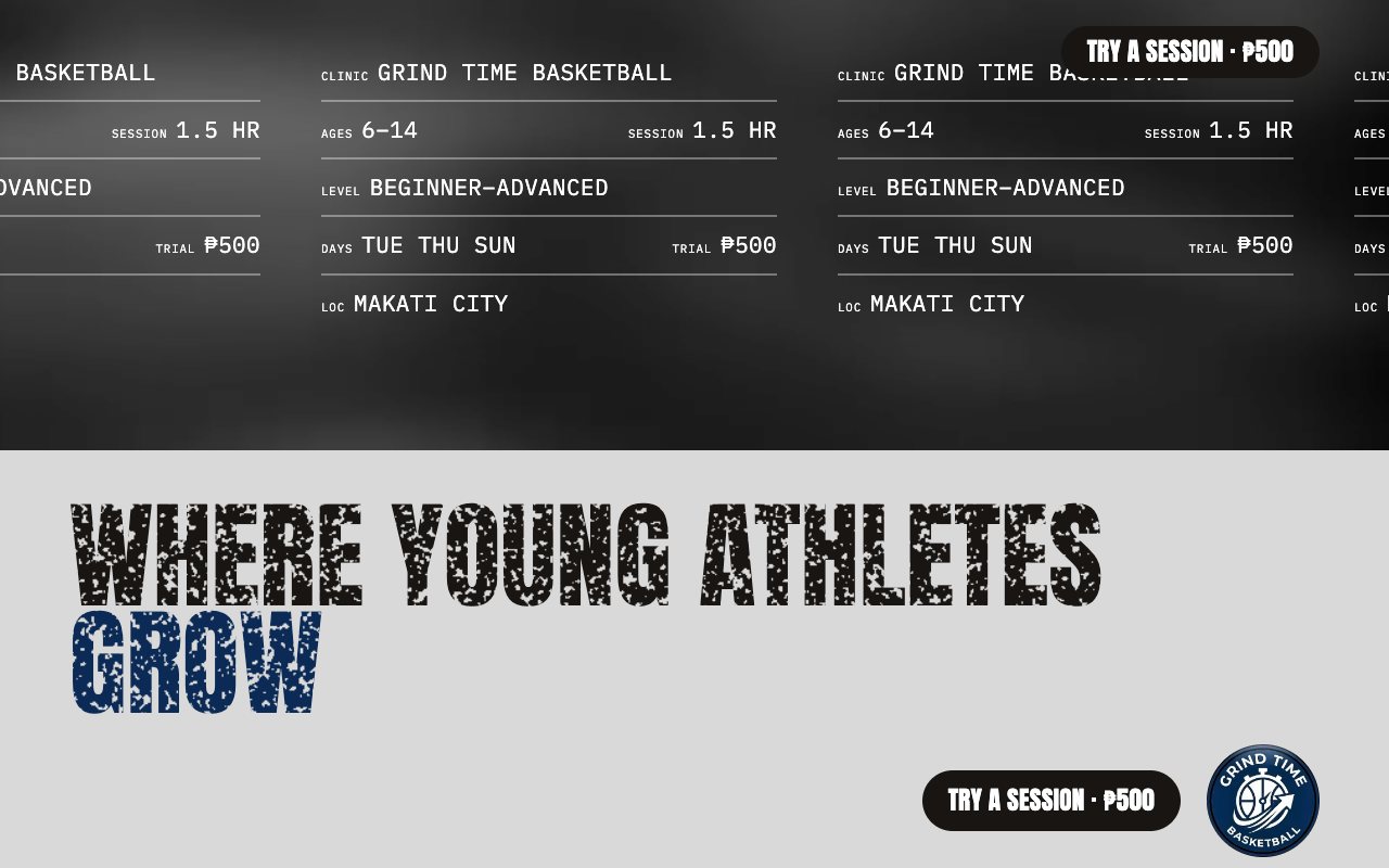 The BAD Studio build for Grind Time Basketball: a blurred greyscale gym behind a monospace data card of ages, days and the trial price.