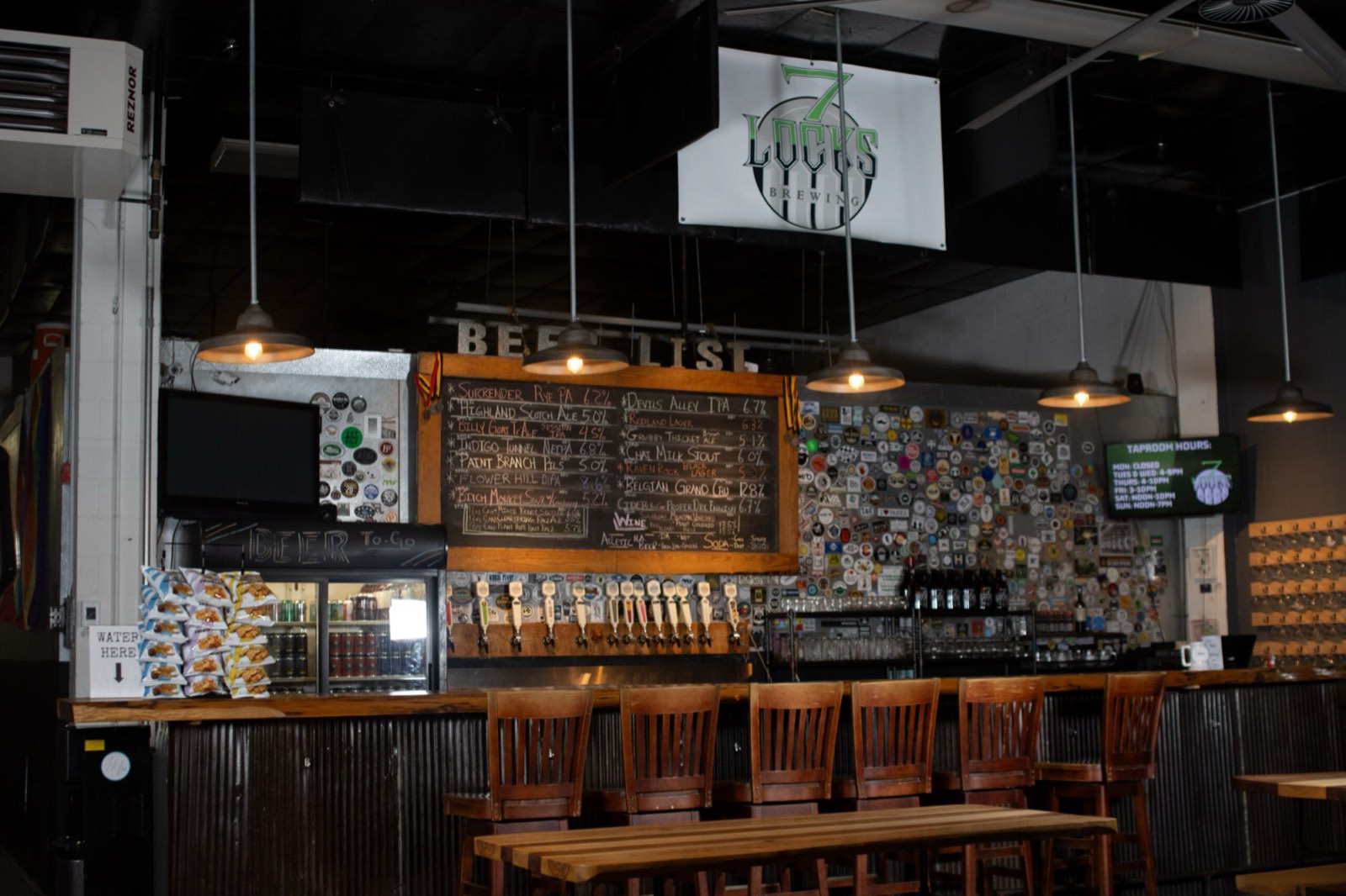 The 7 Locks bar and tap wall beneath the brewery's banner