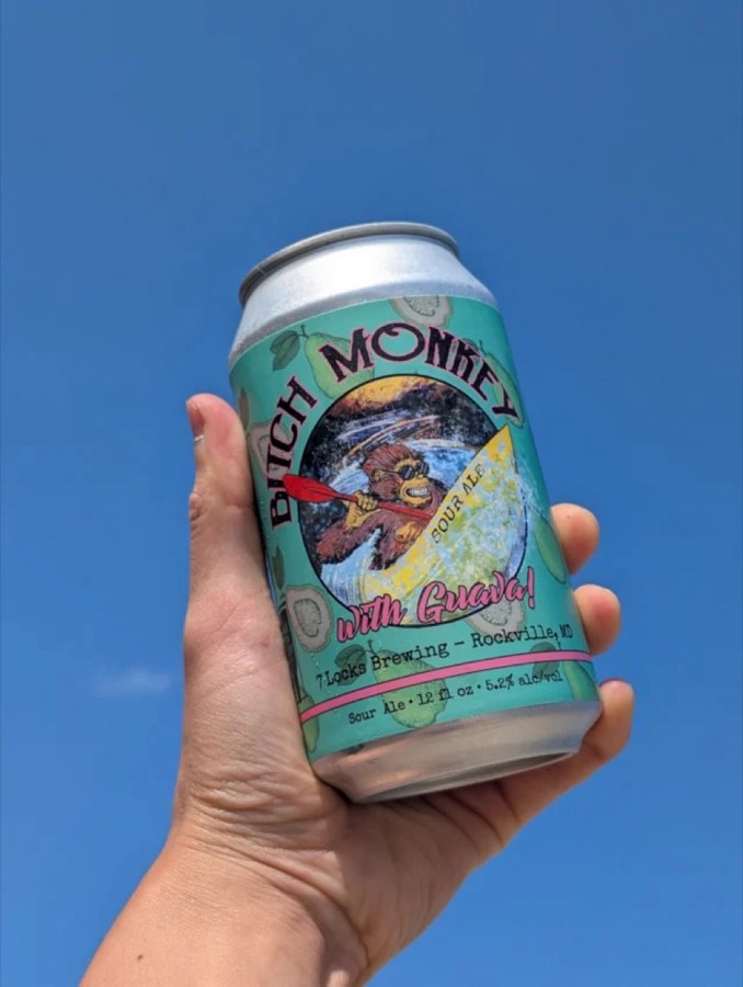A Bitch Monkey sour ale can held up against a bright blue sky
