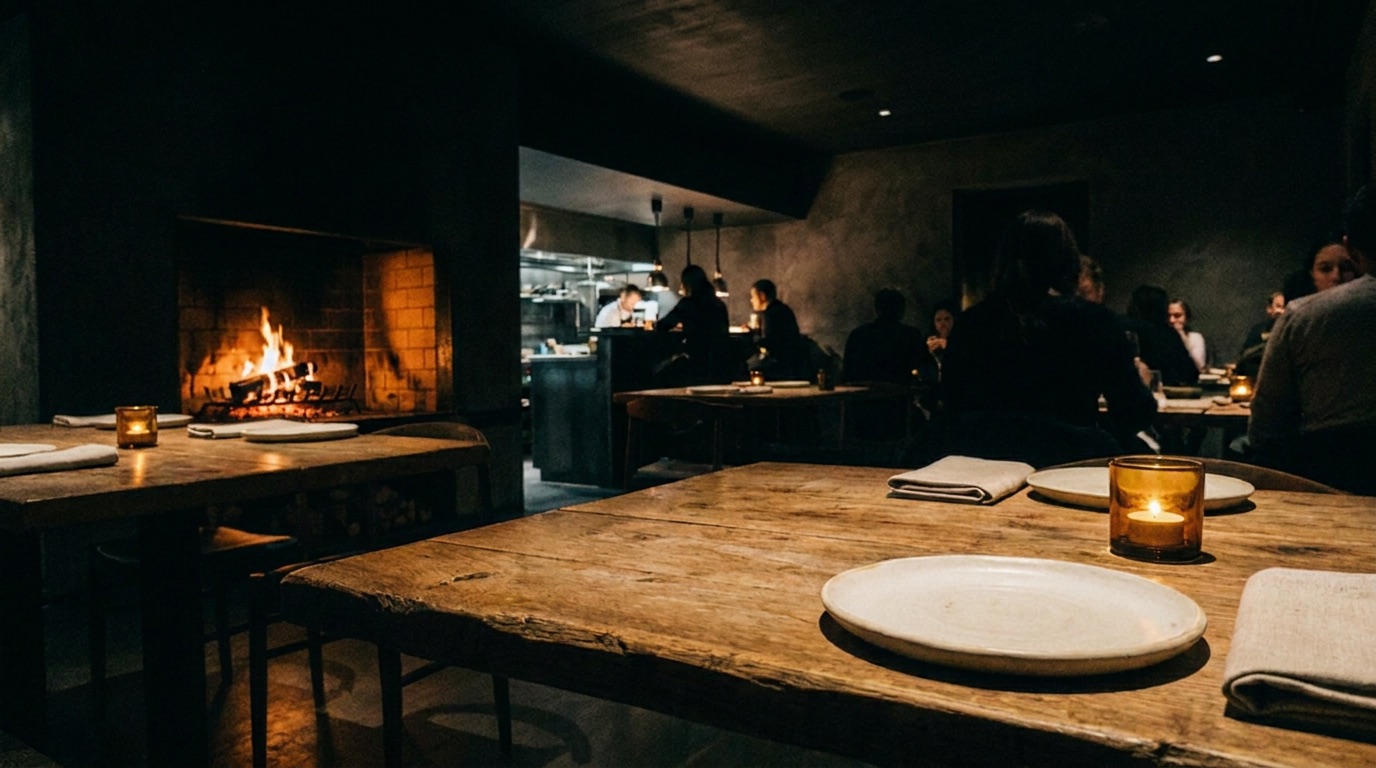 The same room later in the evening. The tables are full, the overhead light has dropped, and the fire has burned down to a lower, steadier flame.