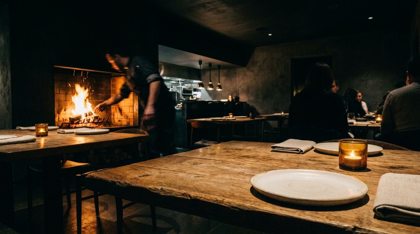 The same view with the hearth being worked. The fire is flared bright and a cook's arm reaches into it. The rest of the room has gone dark.