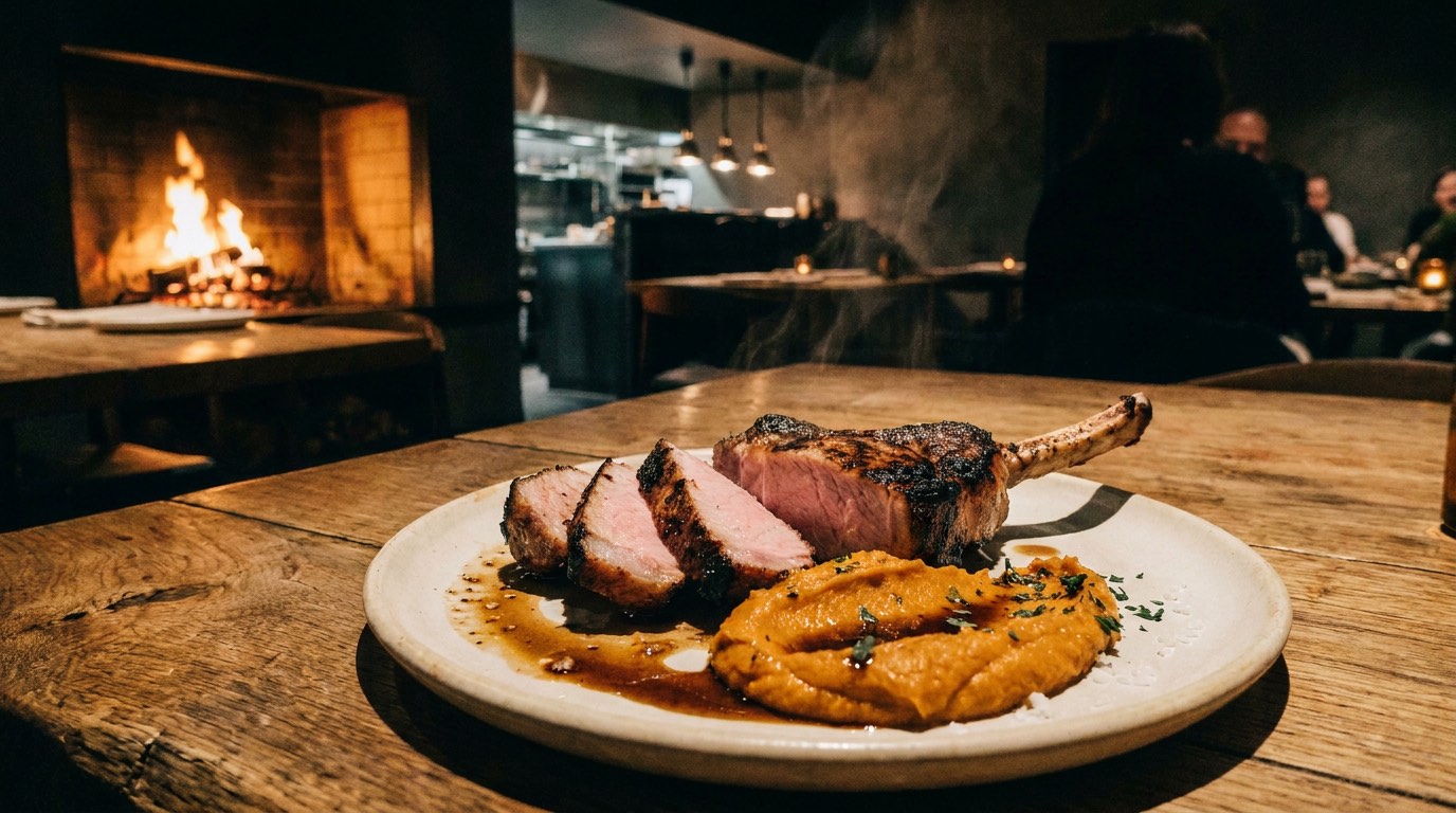 The same table with the gaze lowered to a plate: a chop cooked over the fire, resting on sweet potato mash.