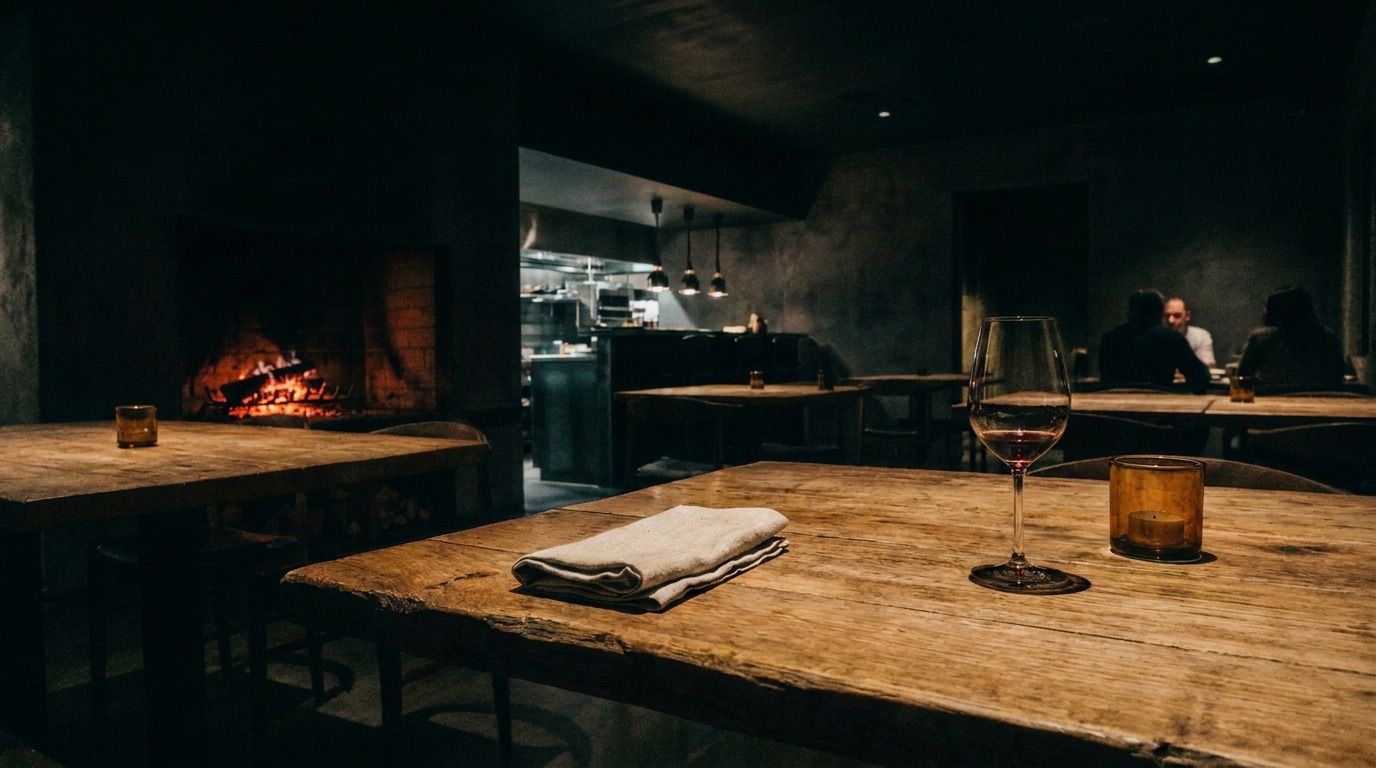 The same room at the end of service. The fire is banked down to embers, the tables are cleared, and only one light is left burning.